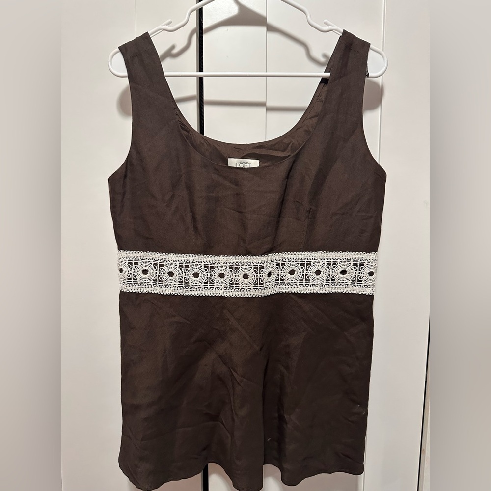 Ann Taylor Loft Chocolate Brown Sleeveless Top With Embroidery Size 8